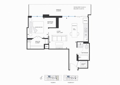 Floor plan for 1 bed, 1 bath, 608 sqft